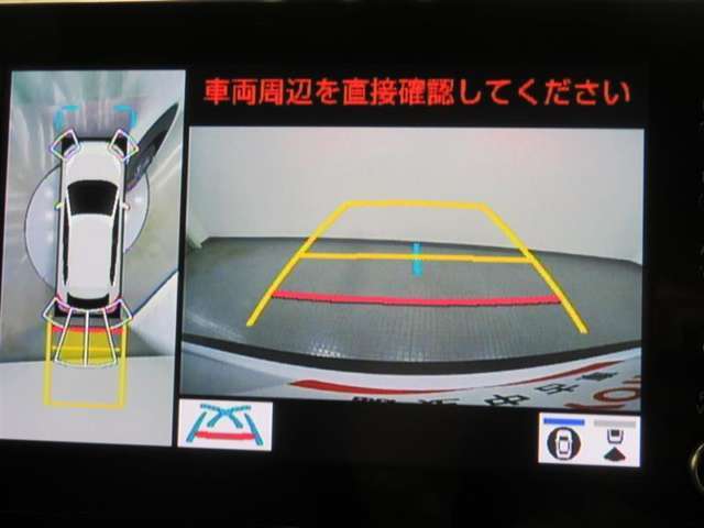 全周囲モニター付きで後退時に車両周辺が確認できるので安心です。車はどうしても死角ができますので、万が一のために必要な装備です。ただあくまでも補助装備ですので、目視での確認をお忘れなく！