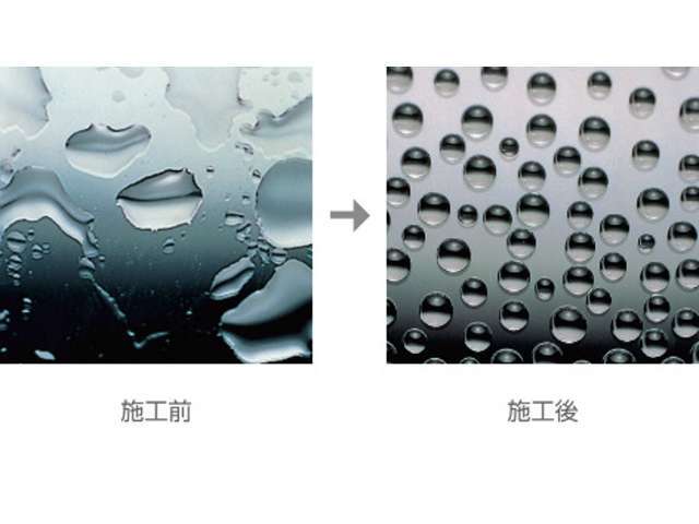 独自のコーティング技術と専用撥水ワイパーで高い撥水効果を持続。　雨粒が水玉となってはじけ飛び視界良好。