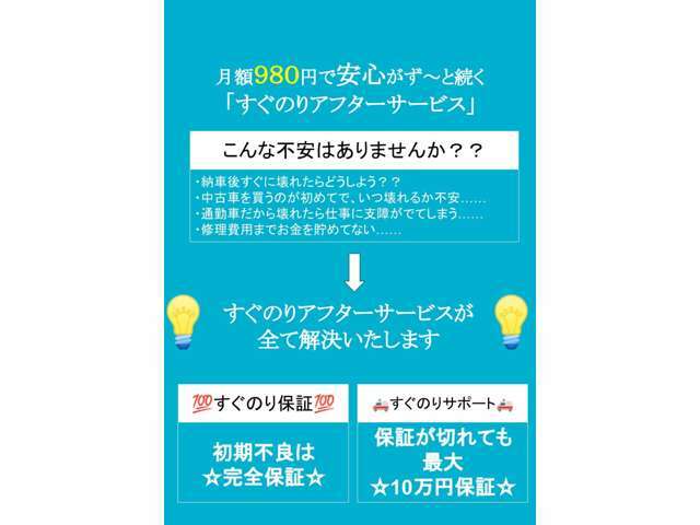 Aプラン画像：「格安車両にも安心を」を合言葉に誰でも加入できる～すぐのりアフターサービス～