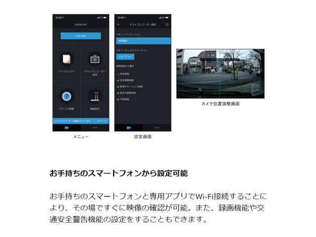 お手持ちのスマートフォンと専用アプリでWi-Fi接続することにより、その場ですぐに映像の確認が可能。また、録画機能や交通安全警告機能の設定をすることもできます。