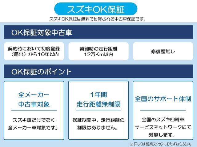 スズキ車だけでなく、全メーカーの中古車に付帯される「スズキOK保証」！全国のスズキサービスネットワークにて対応！！詳しくはスタッフまで。