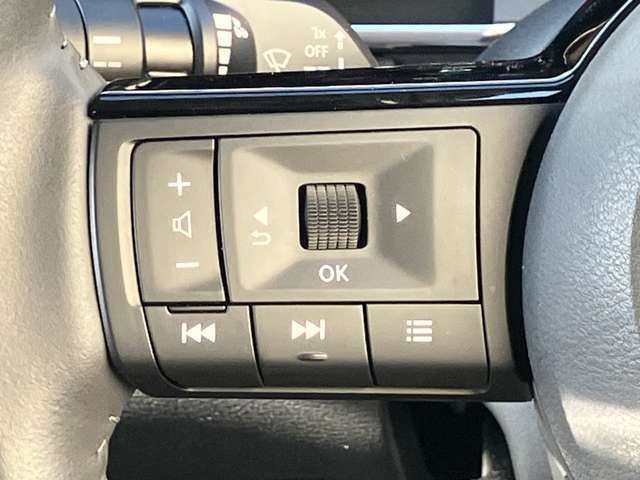 ステアリングの左側に、オーディオの操作ができるスイッチを装備しています。ハンドルから手を離さず操作できて便利です。