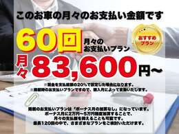 こちらのお車の月々のお支払い金額はコチラ！掲載のお支払いプランは「ボーナス月の加算なし」になっています。最長120回の中で、さまざまなプランをご検討いただけます。詳細はお気軽にお問い合わせ下さい。