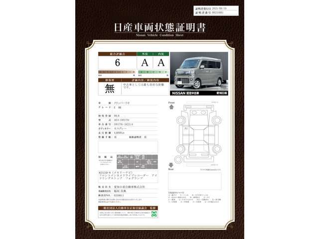日産車両評価書です。車内の臭いや状態のご確認は是非ご来店頂き直接ご確認くださいませ。