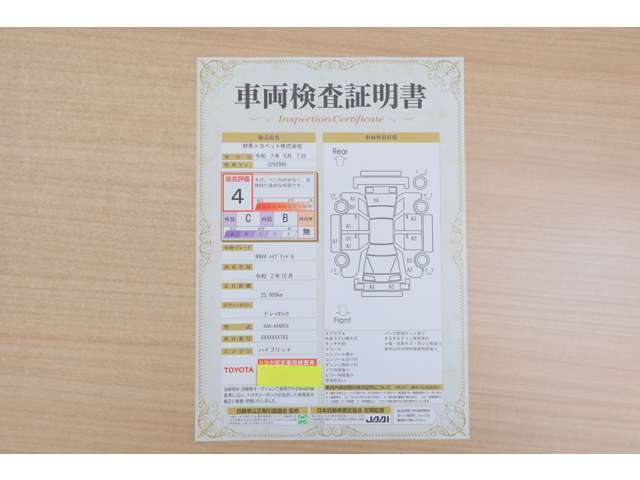 【車両検査証明書】店頭にてクルマの状態が一目で分かる検査証明書を公開中。トヨタ認定検査員が厳しく査定し、状態を点数と図解で表示しています。修復歴はもちろん、傷やヘコミの箇所や程度がご確認いただけます。