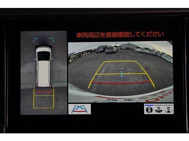 【パノラミックビューモニター】　後退時に車両の後ろ側を表示するだけでなく上から見たような映像で車庫入れなどバックする際に安心です。