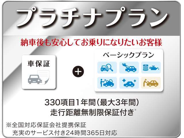 プラチナプラン！ゴールドプランに追加可能です！点検整備後、1年間走行距離無制限保障（有料保証1年分）をお付け致します！納車後も安心してお乗りになりたい方にオススメです！（最大3年まで追加可能です。）