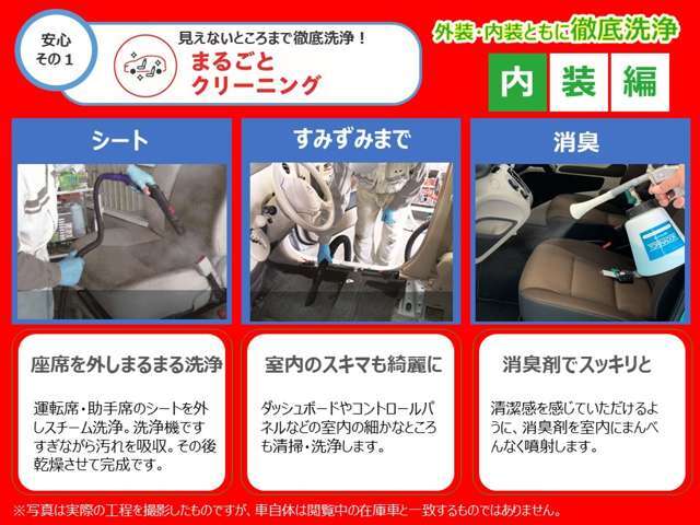 まるまるクリン済！徹底した洗浄！室内のニオイや汚れを徹底的に取り除きます。もちろんボディやエンジンルーム、タイヤもピカピカに仕上げ。