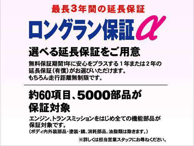 Aプラン画像：無料保証期間1年に安心をプラスする2年の延長保証がお選びいただけます。もちろん走行距離無制限です。