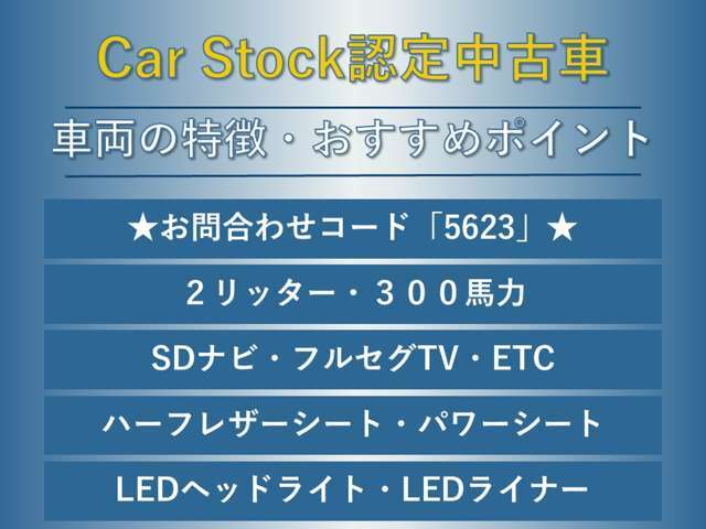 300馬力　純正SDナビ　フルセグTV　ハーフレザーシート　パワーシート　LEDヘッドライト　LEDライナー　純正18インチAW　ETC　ステアリングスイッチ　ドアバイザー　トノカバー　スマートキー