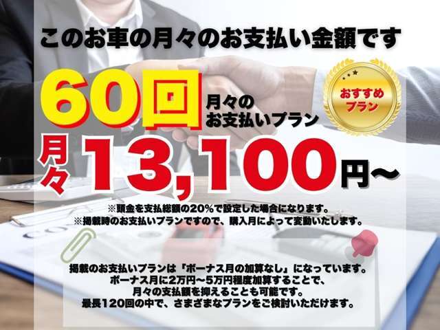 こちらのお車の月々のお支払い金額はコチラ！掲載のお支払いプランは「ボーナス月の加算なし」になっています。最長120回の中で、さまざまなプランをご検討いただけます。詳細はお気軽にお問い合わせ下さい。