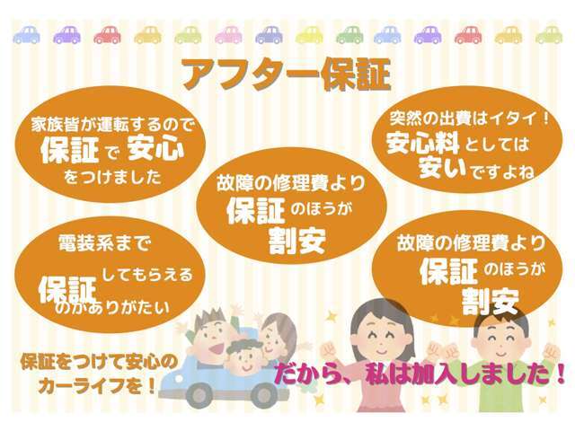 当社アフター保証プランもご用意しております。購入後の不安を安心に変える中古車専用の保証制度です。