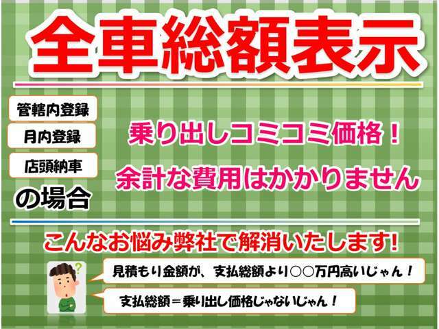 支払総額推進店です！弊社では、支払総額＝乗り出し価格でご案内しており、余計な費用はいただきません！※県外登録などお客様によって変動する場合はございます。