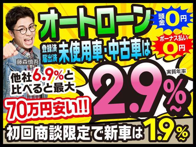 ●他社平均金利6.9％と比較すると、最大70も安く購入ができます！更に新車は初回商談で1.9％超低金利ローンがご利用いただけます。