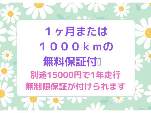 1ヶ月または1000キロの走行機関に関する無料保証付きです。　別途15000円で1年走行無制限保証が付けられます。　全国の保証提携工場で修理ができ、24時間、365日対応の無料ロードサービスがついています。