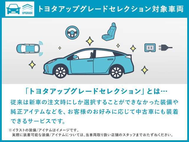 選ばれたトヨタディーラー限定「アップグレードセレクション」対象車両。トヨタ純正パーツでのカスタマイズ・機能向上サービスです。例えば、新しいハンドル交換で運転中の気分も上々！？詳しくはスタッフまで！！