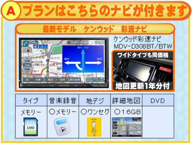 ■Aプラン■最新モデル　音楽録音カーナビ付き価格ケンウッド彩速ナビMDV-D308BT/D308BTW【新品】下記費用が加算された金額です。ナビ本体55,000<span class=