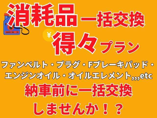 Bプラン画像：ファンベルト/プラグ、クーラーベルト、Fブレーキパット、エンジンオイル、オイルエレメント、エアエレメントを交換いたします。詳細はスタッフまでお聞きください。