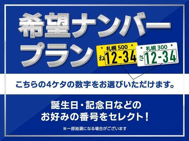 Aプラン画像：ナンバープレートをお好きな番号に！大きい数字4桁の部分で、1桁・2桁・3桁でもOKです（一部抽選の場合有）