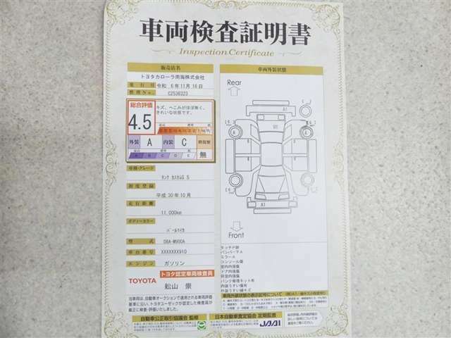 車両評価証明書です。お車の傷の場所や状態が記載されています。