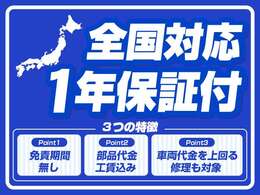 当社の保証は【1ヶ月等の免責期間】もなし！【部品代金】も【工賃】も含まれます！【車両価格を上回る保証修理はお客様が負担】なんてこともありません！納車したその日から保証が使えます！保証内容も比べて下さい