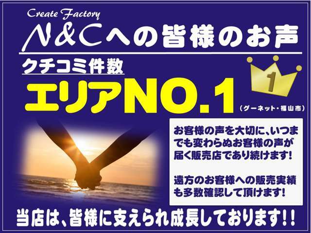 不安が多い中古車選び・・・。お客様より頂きました多数のクチコミを是非ご覧下さいませ。北は北海道から南は沖縄まで納車実績ございます。多くのお客様からのクチコミをご確認頂き少しでもご安心頂ければ幸いです