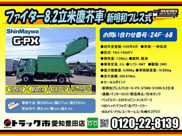 H26年　三菱ふそう　ファイター　プレスパッカー　8.2立米　連続スイッチ　ワンオーナー　4000kg　6速ミッション