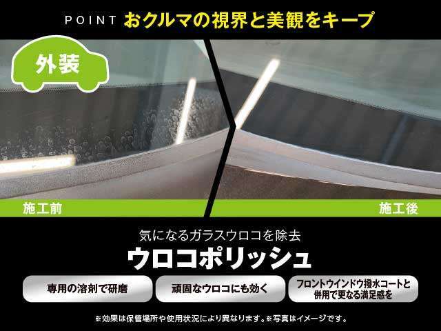 Aプラン画像：『ウロコポリッシュ』は専用の溶剤で研磨をし、気になるガラスウロコを除去します。頑固なウロコにも効果あり。お車の視界と美観をキープする為にお勧めしたい商品です。