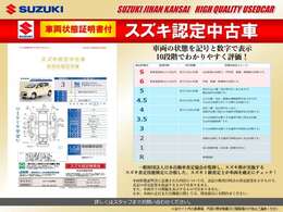 車両の状態が一目でわかる車両状態証明書付の「スズキ認定中古車」！一般財団法人日本自動車査定協会が監修し、スズキ査定技能検定に合格した認定1級査定士が車両をチェック！良質車を厳選し販売を行っております！