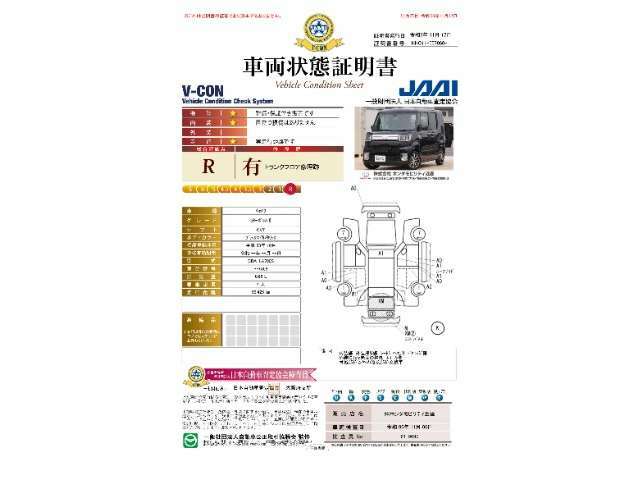 当店に並んでいる展示車には、日本査定協会発行の『車両状態証明書』をお付けしています。修復歴の有無はもちろん、車両状態図を見ながら実車でご確認いただけますのでより安心してご購入いただけます。