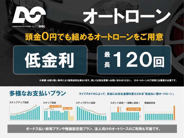 ■オートローン取扱い御座います。ご希望にあったプランを提案させて頂きます。お問い合わせ下さい。中古車最長120回・残価設定型、様々なプランをご用意してます。https://www.autospec.co.jp/news/?page_id=58