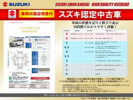 車両の状態が一目でわかる車両状態証明書付の「スズキ認定中古車」！一般財団法人日本自動車査定協会が監修し、スズキ査定技能検定に合格した認定1級査定士が車両をチェック！良質車を厳選し販売を行っております！