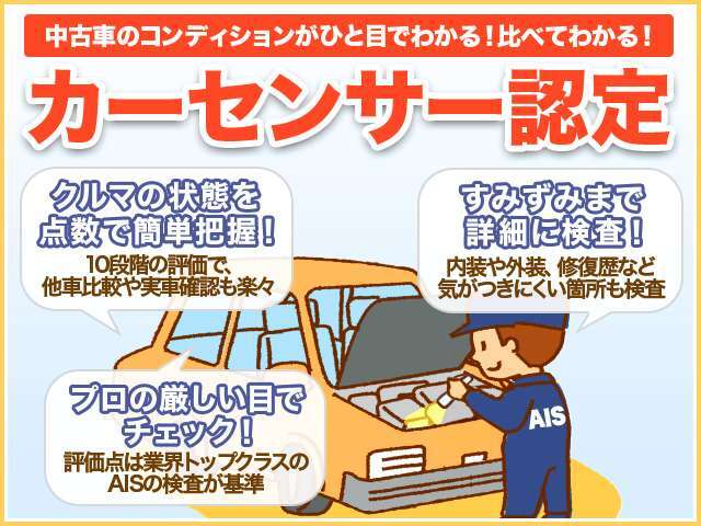 カーセンサー認定・高評価●点です。車両品質評価書付き・AISの検査員が厳正に車両を確認・検査・評価をしています。車両品質評価書をクリックして下さい。信頼でき見える中古車選びが出来ます。