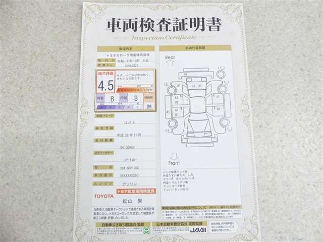 車両評価証明書です。お車の傷の場所や状態が記載されています。