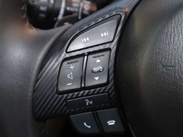 ステアリング左側にはオーディオコントロールスイッチを搭載。走行中でも簡単に音量の上げ下げ、曲の送り戻し、モードの切り替えが可能です。クイックに切り替えてお好みの音楽で楽しいドライブを！