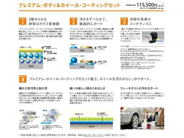 Bプラン画像：3層からなるガラス被膜で形成されるガラス被膜は、酸化劣化しづらくコーティング効果を長期間維持。ガラス質で形成されたベース層は、内面から鮮やかな光沢を保ち、強力な撥水性を長期間維持。ホイールコート付き。