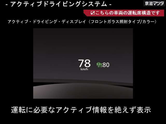 目線を下げずに速度や目的地までのルート案内を確認できる、アクティブドライビングディスプレイです。