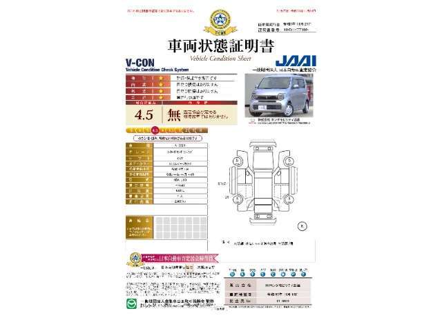 当店に並んでいる展示車には、日本査定協会発行の『車両状態証明書』をお付けしています。修復歴の有無はもちろん、車両状態図を見ながら実車でご確認いただけますのでより安心してご購入いただけます。