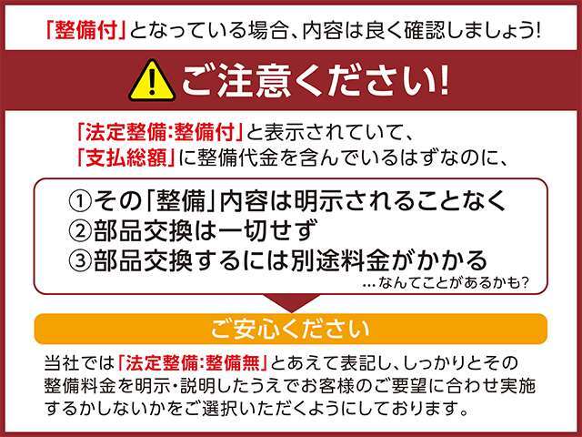 当社の展示車は全車両に”社団法人自動車公正取引協議会”の車両状態説明書を掲示しております。修復歴の有無は勿論、ドア等の外板の交換歴の有無までも表示☆口頭説明では無く書面にてお渡ししております♪