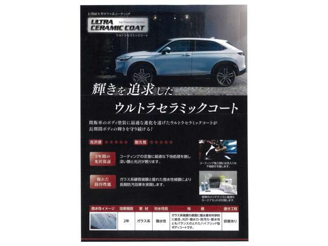 装備内容備考：ウルトラセラミックC　/　装備内容備考：硬化したコーティング表面はガラス質の成分で撥水性能に優れキズや汚れが付きにくくなります。耐久力も長く水洗いとシャンプー洗車だけお手入れもラクラク
