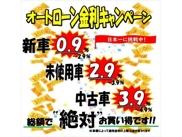 低金利の限界に挑戦！新車0.9％から！登録済未使用車2.9％から！中古車3.9％から！頭金無し最長120回払いまで！お支払いプランは営業スタッフにお気軽にご相談ください！遠方の方もご利用いただけます！