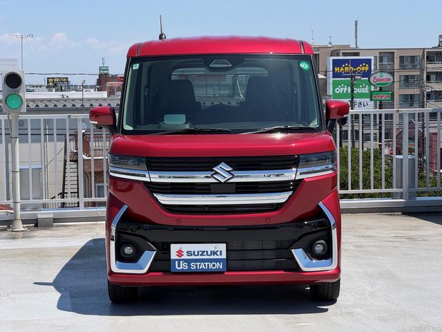 「スペーシアカスタム」　入荷いたしました！！ボディカラーは、フェニックスレッドパール♪　安心の3年保証、走行無制限の　《OK保証プレミアム》　がついています。詳しくは、スタッフまで♪♪