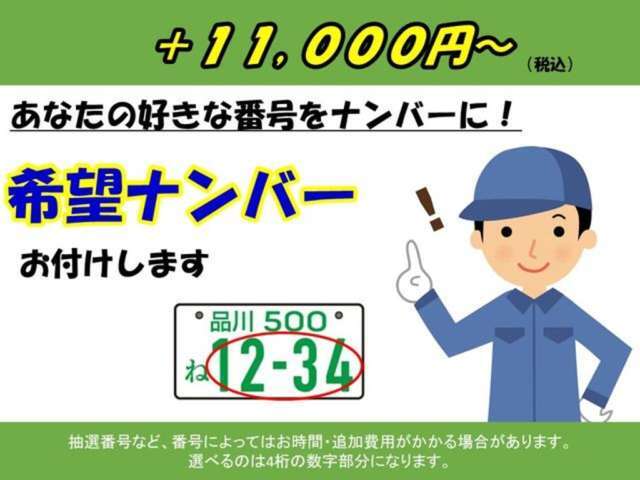 Aプラン画像：せっかく買う車です、希望ナンバーで個性を出してみませんか？（誕生日・記念日・ラッキーナンバーなど、お好きな4ケタ以内の数字をお選び下さい。