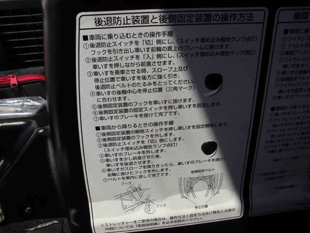 車内には各種操作手順や注意事項が貼られています。