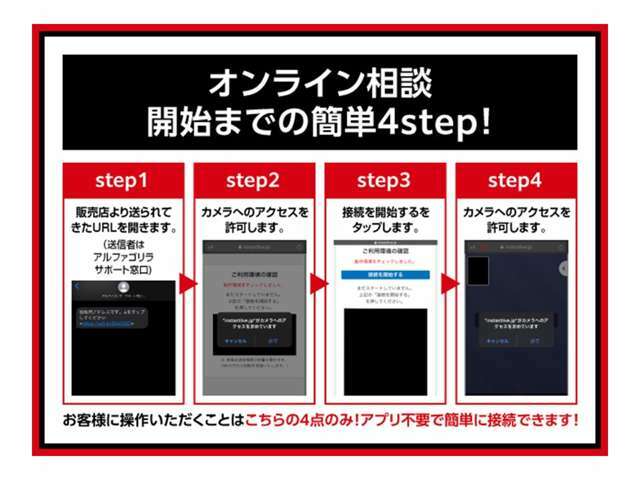 スマホで車両確認してみませんか?アプリを介さない専用ツールのため画質が鮮明です！お問い合わせ時「オンライン相談希望」を選んで頂くことで弊社からご案内をさせて頂きます。是非お気軽にお問い合わせください♪