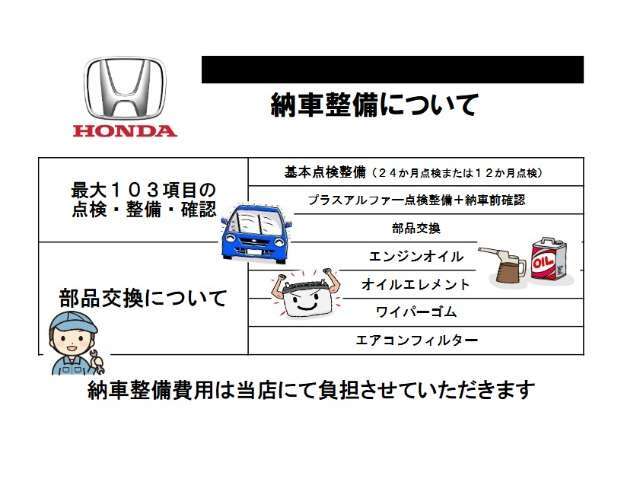 納車整備費用はお任せください！納車前に整備代のご請求などありません。最大103項目も点検を行い、交換がさせていただいた方がいい消耗品は交換させてていただきます◎納車後も安心して乗って頂きたいんです◎