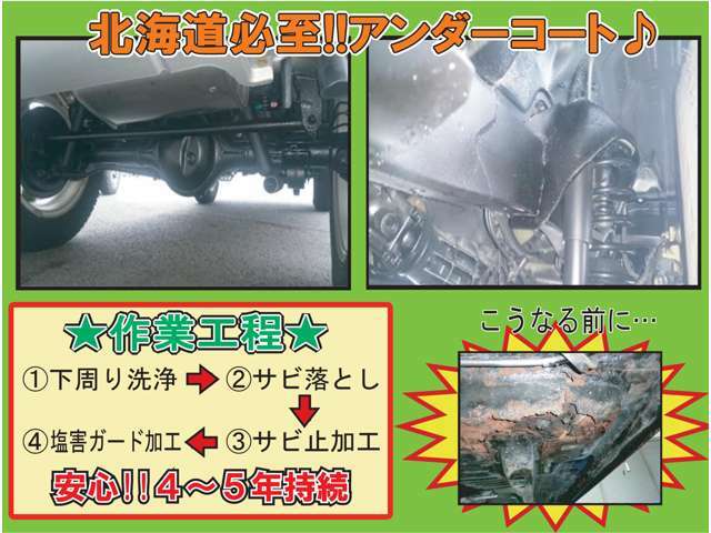 サビで車検を断られなくなく車を乗り換え！！そんな経験有りませんか？とくに北海道の車は融雪剤によりサビの進行は早いです。アンダーコート処置をする事で大切なお車を長～く乗るこが可能です♪