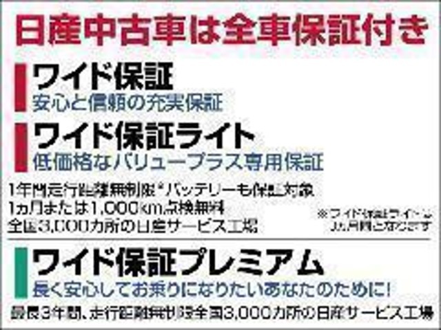 保証は1年間走行無制限・全国の日産でアフター可能のワイド保証付き＆新車保証が残ってる際は継承致しますので安心です！！わずかなご負担で2年または3年まで延長出来ます。