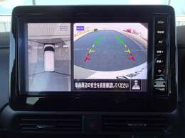アラウンドビューモニター画像になります。4方向のカメラ画像を合成をし、上から見たような画像にしバック駐車時の死角を無くします。