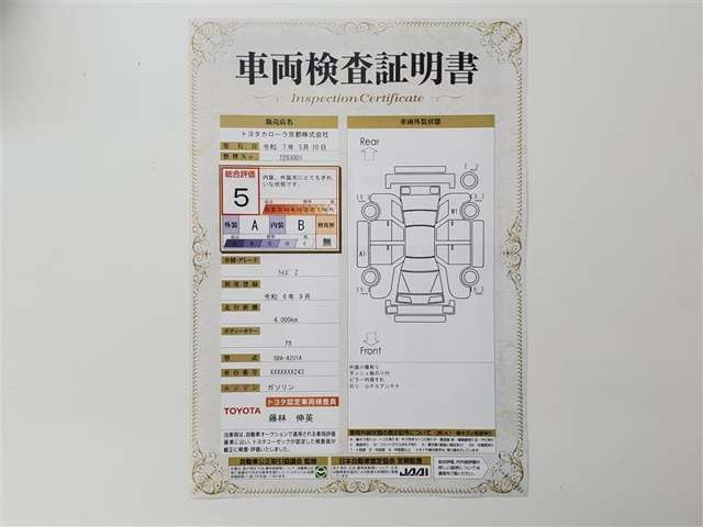 車両検査証明書になります。総合評価5でキズ、へこみがほぼ無く、きれいな状態です！！